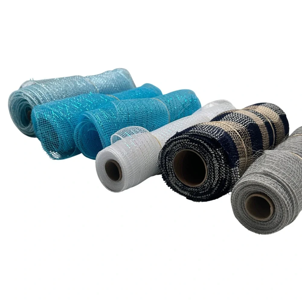 Lot of 6 Used Deco Mesh Rolls 10 in x 30 in Blue Gray Plaid White